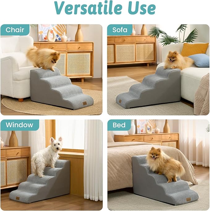 Dog Stairs for Small Dogs 15.7" H, 4-Step Sturdy Foam Dog Steps for Couch and Bed, Curved Pet Stairs for Puppy and Older Cat, Doggie Ladder with Washable Cover, 15.7x28.3x15.7 inch, Gray