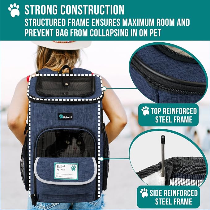 PetAmi Dog Backpack Carrier, Airline Approved 4-Way Entry Cat Backpack Carrier, Ventilated Mesh, Collapsible Pet Carrier for Small Puppy, Kitten, Hiking, Travel Car, Vet, up to 18 lbs, Navy Blue