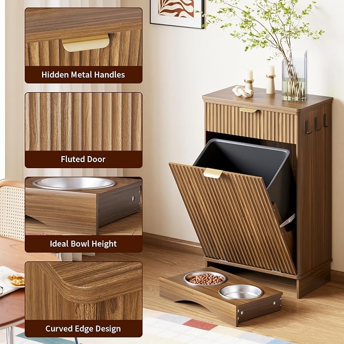 Dog Feeding Station,Dog Food Storage Cabinet,Pet Feeding Station with 2 Elevated Bowls,Hidden Pet Feeder Station with Hooks (Tilt-Out Dog Feeding Station-Walnut)