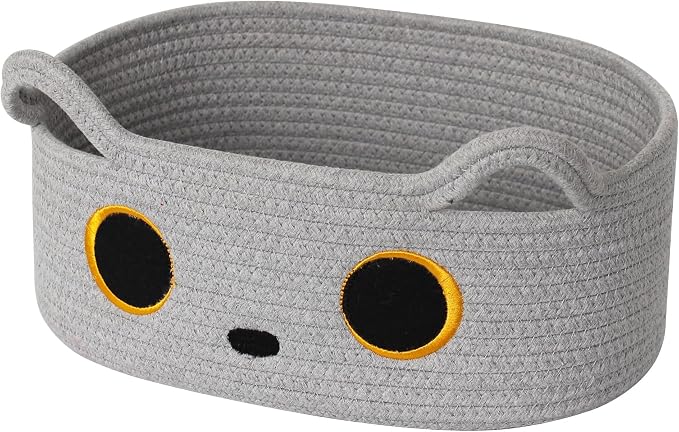 Gray Cat Toy Basket, Small Woven Cat Toy Storage Box with Cute Ears Handle Indoor, Cotton Rope Storage Bin with Embroidered Face for Home Decor, Pet Bed, Nursery Kids Room Organization