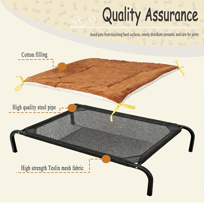 XCL Elevated Dog Bed for Large Dogs, Cooling Raised Dog Bed, Outdoor and Indoor Breathable Mesh Non-Slip Frame Pet Beds, Easy Clean, Installation, Equipped with Pet Cushion, 40In