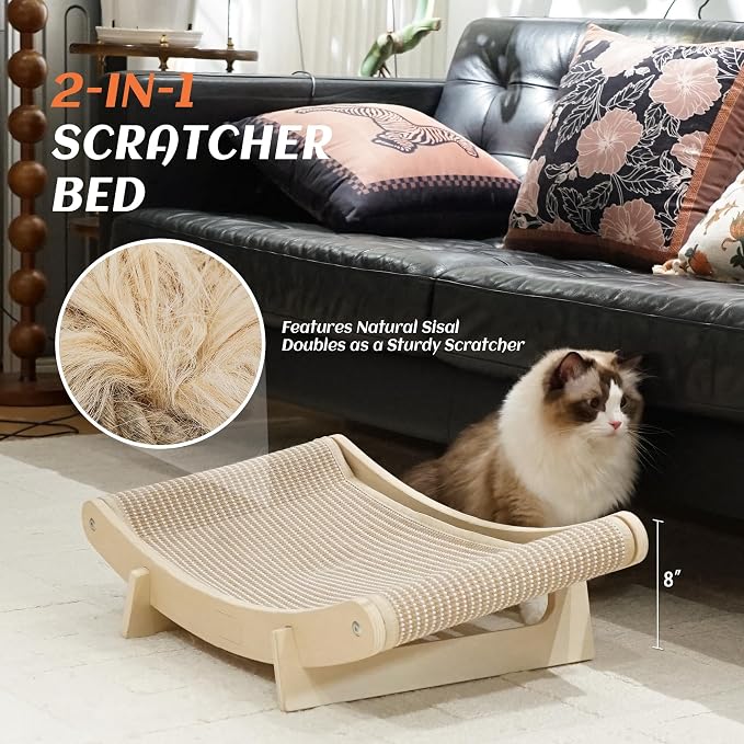 PETKARAY Inclined Sisal Cat Scratcher Bed, Curved Wooden Cat Hammock Chair, Large Scratch Pad for Indoor Cats, Cozy Cat Furniture Lounge