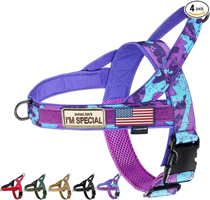 Annchwool No Pull Dog Harness with Soft Padded Handle-Escape Proof and Quick Fit to Adjust Dog Harness-Easy for Training Walking for Small & Medium and Large Dogs(Camo Purple,XS,1 in Width)