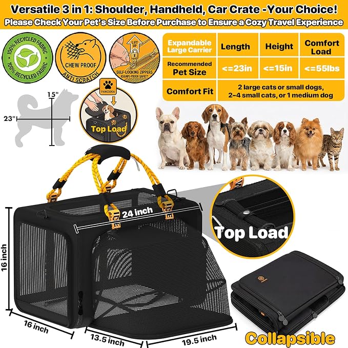 PAWZIDEA Large Pet Carrier Expandable, 24"×16"×16" Soft-Sided Cat Carrier for 2–4 Cats up 55lb, Portable & Collapsible Small Medium Dog Travel Crate for Car, XL Storage Pocket, ID Card, Shoulder Strap