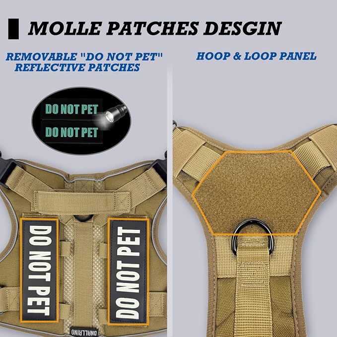Tactical Dog Harness for Medium and Large Breeds, Air Dog Vest No Pull with Reflective Do Not Pet Patches, Breathable Dog Molle Vests for Training Walking Hunting Brown
