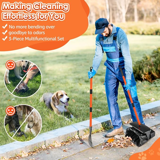 SlowTon Dog Pooper Scooper - 37.4" Long Metal Handle Adjustable Rake & Spade & Swivel Bin with 10 Waste Bags, Portable Pooper Scooper for Gravel Lawn Grass, Suit for Small Medium Large Dog