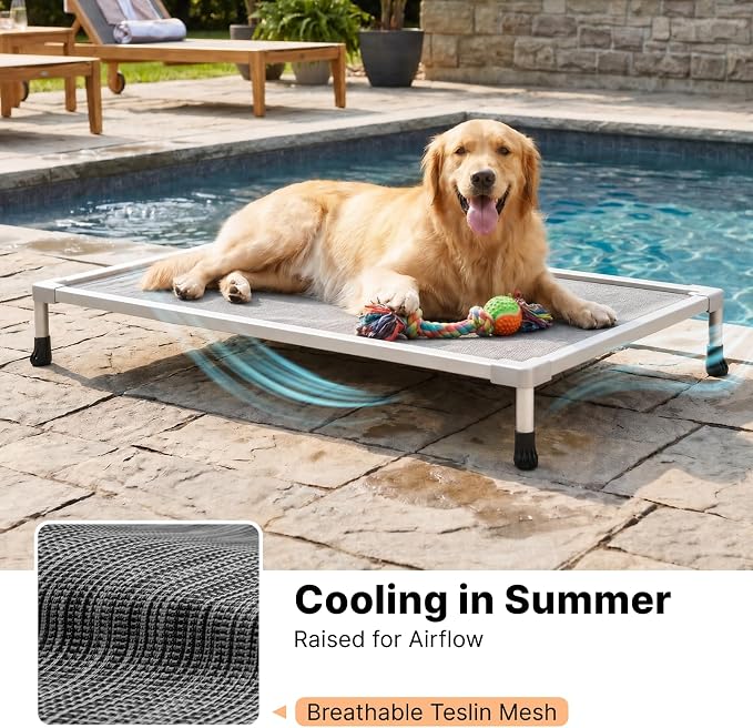 Veehoo Chew Proof Elevated Dog Bed, Silver Aluminum Dog Cot, Pre-Assembled | Cooling Raised Dog Bed for Large Dogs, Indestructible Dog Bed for 49" Crate, Breathbale, Non-Slip Feet, Indoor Outdoor