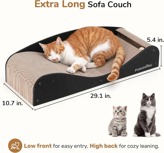 FUKUMARU Cardboard Cat Scratcher Bed, Extra Large 29.1 Inch Cat Scratch Pad | Cat Scratching Bed Couch Indoor, Natural Felt Multifunctional, Horizontal Kitten Scratch Bed Lounger With Ball Toy, Black
