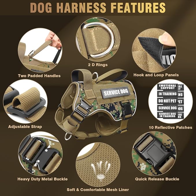 2X Metal Buckle Service Working MOLLE Dog Vest with 10 Pet Patches | Tactical Dog Harness for Large Dog, No-pull Military Working Vest for Training Hunting Walking，2x D Rings for Leash Clip