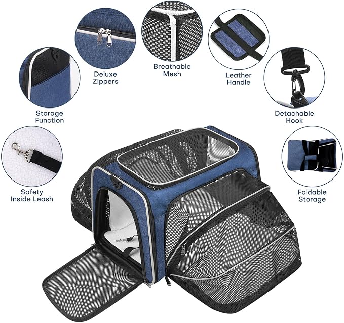Pet Carrier, Large Soft Sided Expandable Travel Carrier with Steel Frame, Anti-Scratch Mesh, Removable Fleece Pad and Pockets for Cats, Dogs and Small Animals up to 15 lbs (Blue, 5 Sides Expandable)