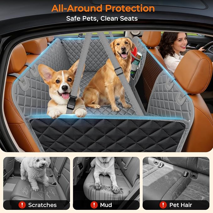 URPOWER Backseat Extender for Dogs - Hard Bottom Dog Car Seat Cover for Back Seat, Dog Hammock for Car and SUV, Pet Rear Seat Protector Dogs Travel Bed with Mesh Window & Side Flaps