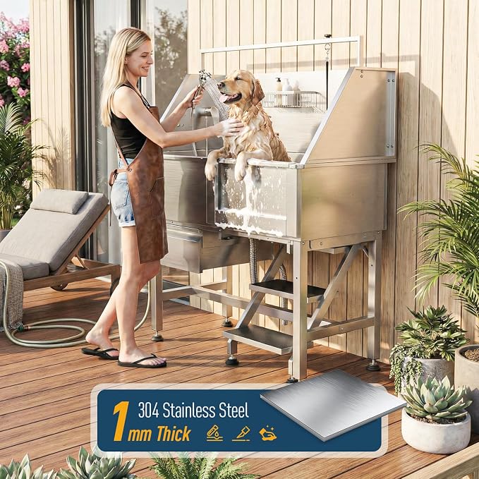 46" Dog Washing Station, Leak-Proof 304 Stainless Steel Dog Bathtub with Non-Slip Removable Left Stair & Storage Drawer, Elevated Pet Wash Station for Large Dogs, Indoor & Outdoor Use (Right Stair)