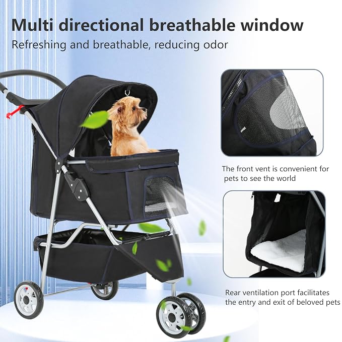 FDW Pet Stroller 3-Wheel Durable Foldable Cat Dog Stroller with Washable Liner Storage Basket Cup Holder,Black