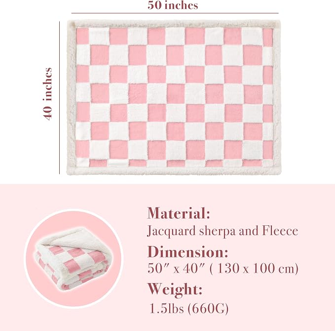 Ohocut Checkered Dog Blanket, Pink Jacquard Sherpa Blankets for Small Dog and Cats, Cute Girly Women Aesthetic Style Fluffy Fleece Pets Blanket for Couch Protection Washable, 40"x50"