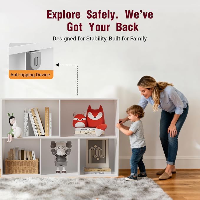 Book Shelf, Wooden Cube Storage Organizer with 11" Open Cubes, Stackable Modular Bookcase for Room Divider Storage, 2 Tier Bookshelf for Living Room, Bedroom, Office (White, 5-Cube)