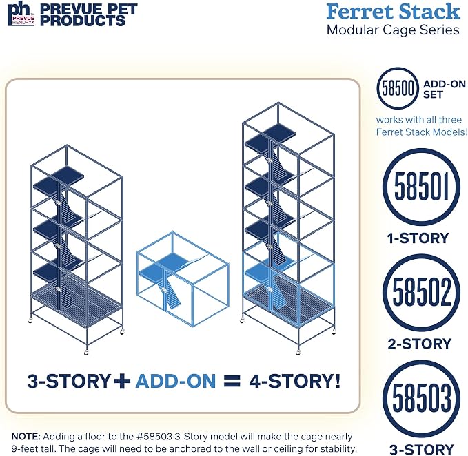 Prevue Pet Products Ferret Stack Six Story Ferret Home - Portable Stand, Escape Proof Lock, Includes Hammock & Ramps, Expandable Six Story Cage Stacking System with Wheels - Black