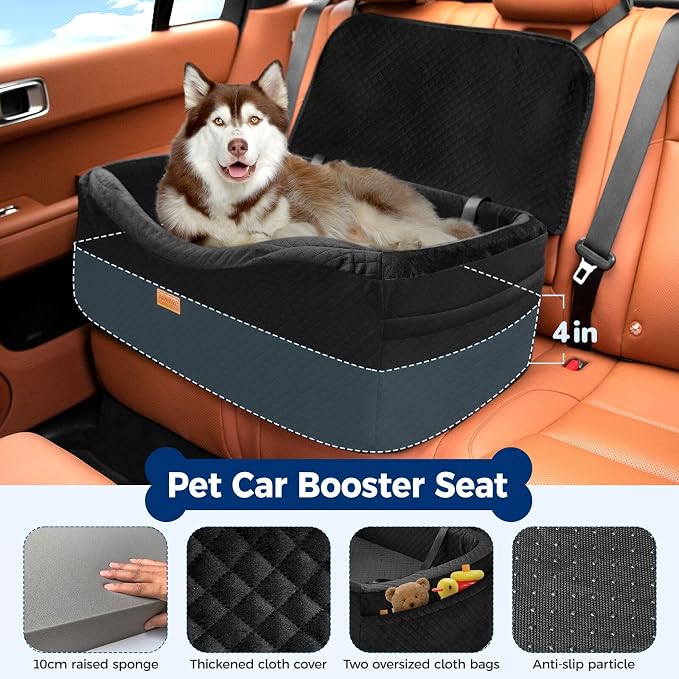Large Dog Car Seat for Medium Sized, Dog Booster Car Seat, Pet Booster Seats up to 55lbs or 2 Small with 4" Memory Foam for Back Seat, Triple Safety Belts, Storage Pockets, Detachable/Washable