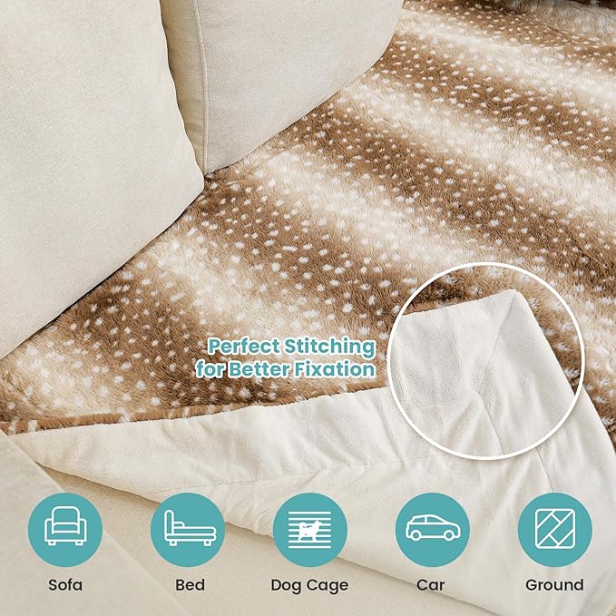 Luxury Faux Fur Blanket Deer Print, Waterproof Pet Blanket Washable, Woman Sofa Bed Couch Throw, Liquid Pee Proof for Large Dog or Cat, Reversible, Super Soft, 50x60 inch, Brown