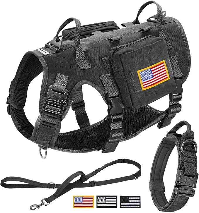 Forestpaw Tactical Dog Harness Collar Bungee Leash Set,M,Black | Adjustable Fits 22-35" Chest,30-80 lbs,No Pull Control Military Style,Quick Release Buckle,Walking Training for Medium Dogs