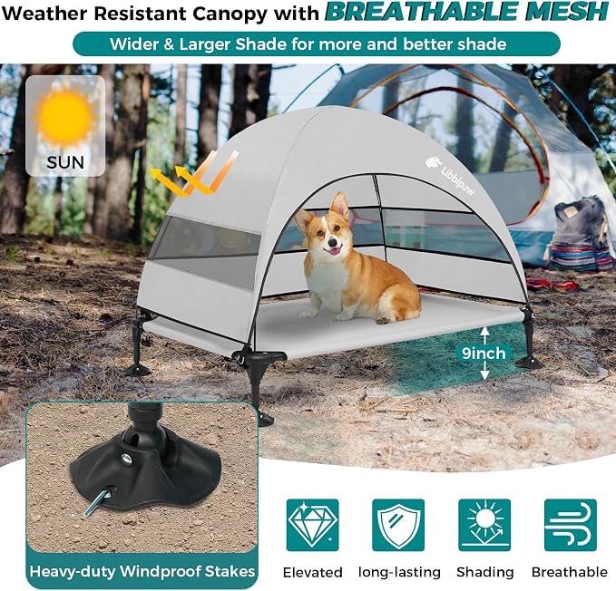 Outdoor Elevated Dog Bed with Canopy for Large Dogs, Grey, L | Breathable Raised Cot with Shade, Tool-Free Setup for Patios, Backyards and Camping
