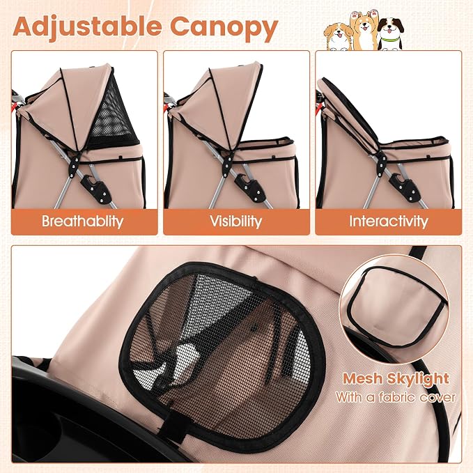 PETSITE 4 Wheels Pet Stroller, Foldable Dog Strollers for Small Dogs with Breathable Mesh, Waterproof Cover, Storage Basket, and Cup Holders, Ideal for Dogs Cats up to 33 lbs (Beige)