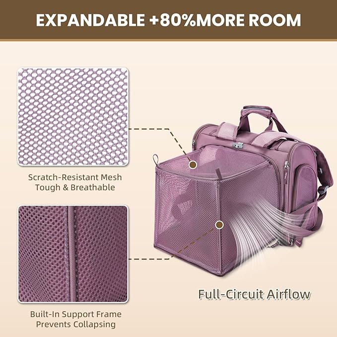 Lollimeow Expandable Cat Carrier Backpack for Large Cats - Airline Approved Pet Carrier Backpack for Small Dogs, Hiking & Travel, Waterproof with Breathable Mesh, 22lbs Capacity (Plum, Large)