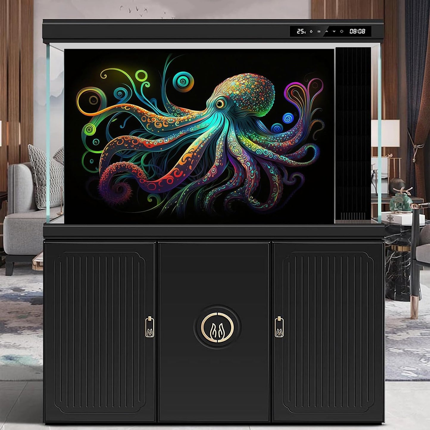 Octopus Aquarium Background Exquisite Colorful Octopus Terrarium Background Glowing Octopus on Black Background Fish Tank Backdrop Octopus Backdrops Poster Wallpaper Decorations Vinyl 24x12in