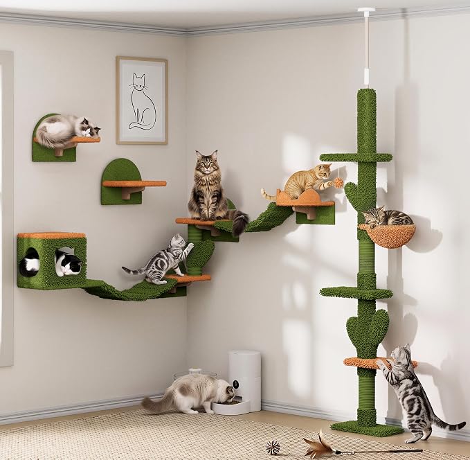 Cactus Floor to Ceiling Cat Tower, 10-in-1 Cat Wall Shelves, Green | Cats Tree with Adjustable Height(87-104 IN), Cat Climbing Wall Furniture Set for 16 Inch Drywall, with Scratching Post, Condo