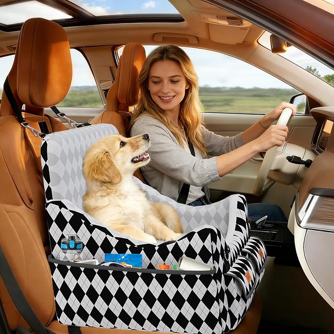 Dog Car Seat for Small/Medium Dogs up to 35lbs, 4-Pocket Storage Memory Foam Dog Booster Seat, Detachable Washable Pet Car Seat with Safety Belt, Outdoor & Indoor Use (Black/White)