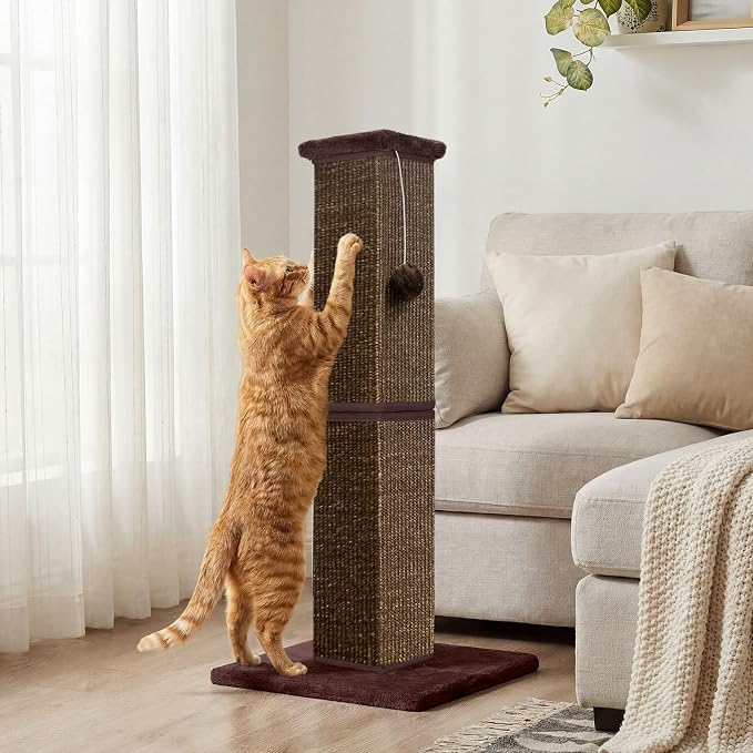 Cat Scratching Post 32 Inch for Indoor Large Cats and Kitten, Nature Sisal Tall Cat Scratch Post, Sisal Cat Scratcher Improve Cat's Scratching Habits and Protect Your Furniture, Full Brown