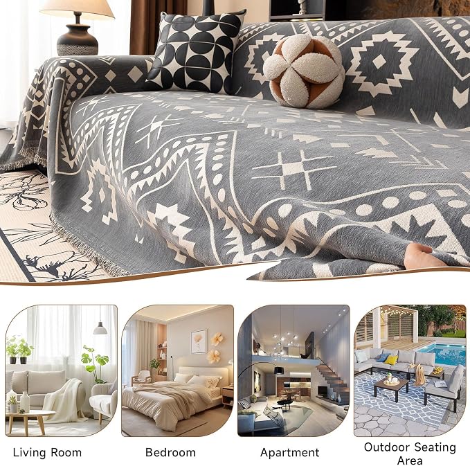 VClife Aztec Geometric Chenille Couch Cover Washable Sofa Cover for 2 Cushion Couch Sofa Retro Vintage Gray White Tribal Pattern Sofa Slipcover for Sectional Couch 71" X 118"