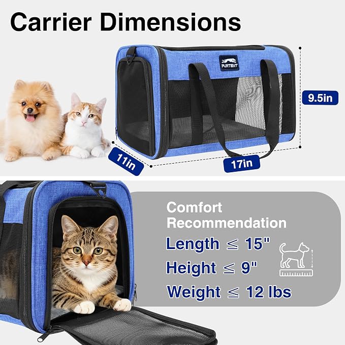Cat Carrier, Soft Sided Airline Approved Dog Carrier for Small Dogs & Cats | Breathable Mesh Windows, Adjustable Shoulder Strap, Foldable Portable Design, Ideal for Car Rides & Vet Visits