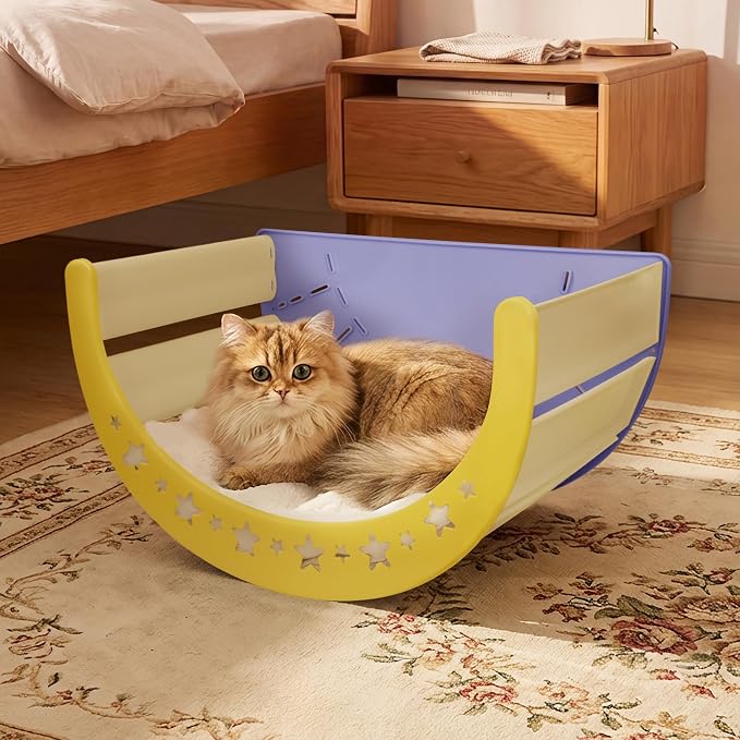 3-in-1 Crescent Elevated Cat Bed with Removable Sisal Scratcher & Soft Fleece Mat, Rocking Cat Hammock Lounge for Indoor Cats, Kittens & Small Animals, Purple