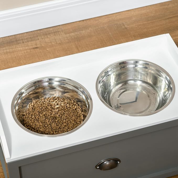 PawHut Feeding Station with Storage Drawer, Food Storage Cabinet with 2 Removable Elevated Bowls for Large Sized Dogs, Gray | 2 Removable Elevated Pet Bowls, for Large Sized Breeds