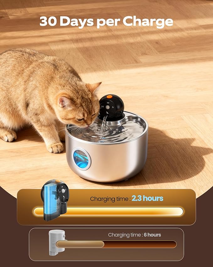 Wireless Cat Water Fountain Cordless: Stainless Steel Cat Fountains for Drinking - 88oz/2.6L Battery Operated Pet Water Fountain Indoor with Motion Sensor - Rechargeable Automatic Water Dispenser