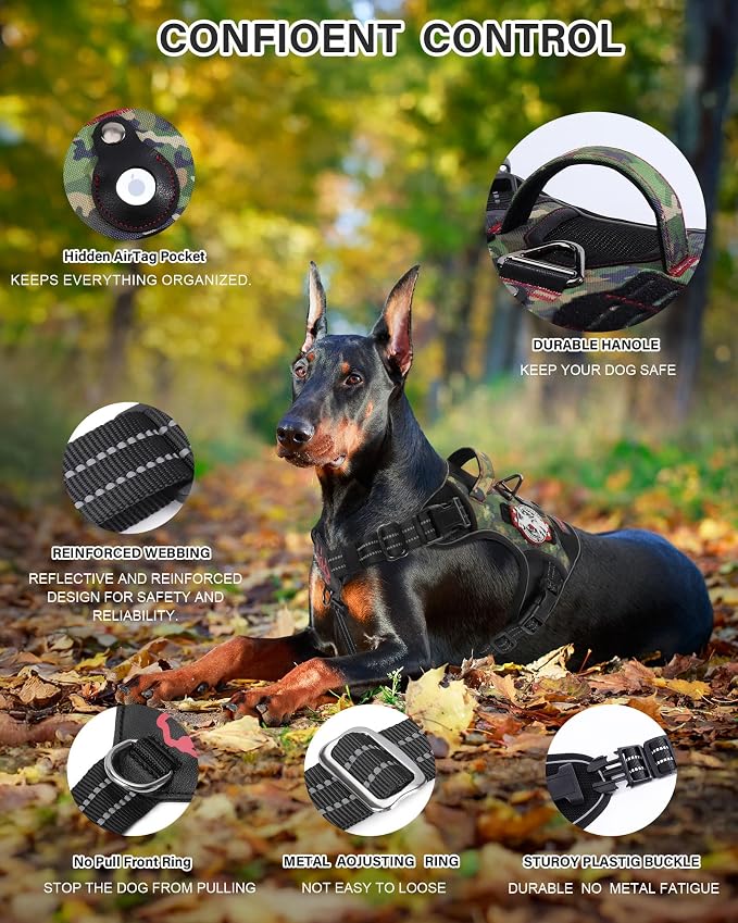 Petnanny Tactical Dog Harness No Pull Service Dog Vest XL Pink Camo | Tactical Dog Vest with breathable mesh & hook loop panel, no pull harness for walking training, adjustable fit