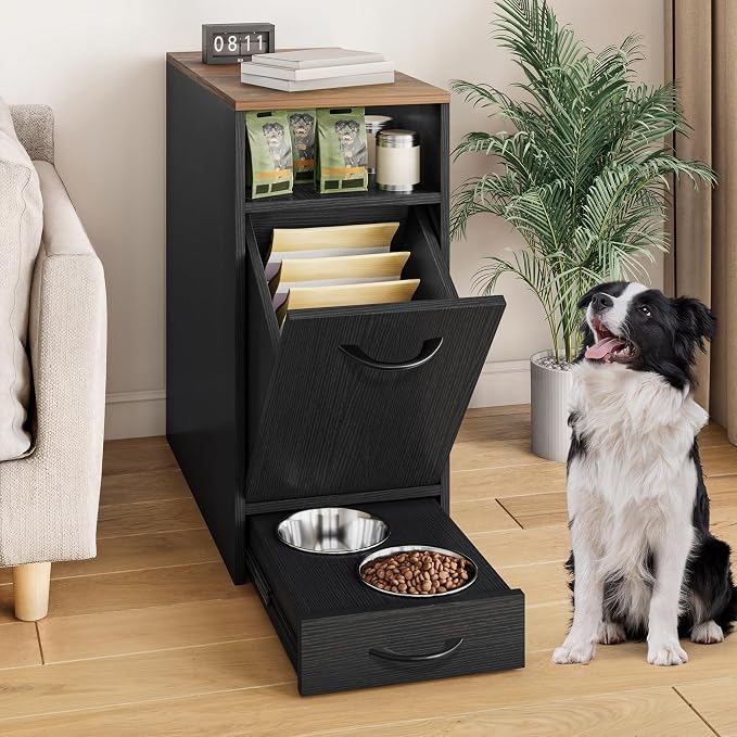 DWVO Dog Feeding Station with Storage & 2 Feeder Bowls | Dog Food Cabinet Pull Out Elevated Dogs Bowl, Black