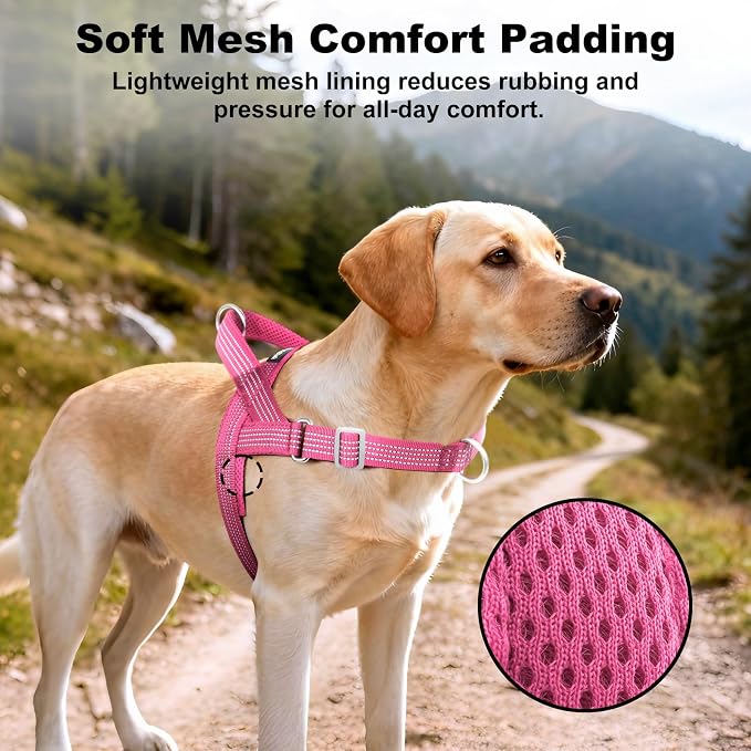 No Pull Dog Harness with Handle, Adjustable Soft Mesh Padded Vest | Reflective Walking Harness with Front Clip for Small Medium Large Dogs, Quick Fit No Escape for Training, Pink, L