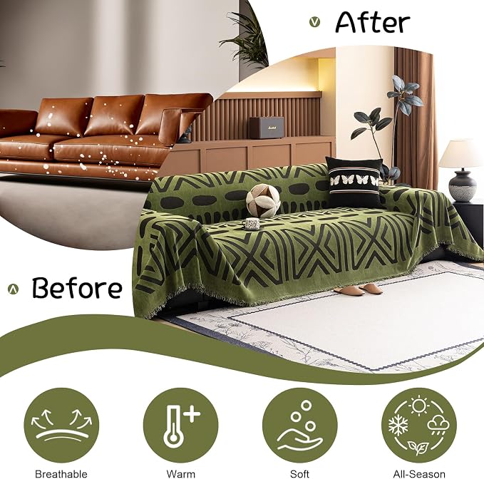 VClife Bohemian Green and Black Couch Cover Western Aztec Sofa Cover for 2 Cushion Couch Sofa Washable Chenille Sofa Slipcover Boho Non Slip Geometric Couch Covers for Sectional Sofa 71''x118''