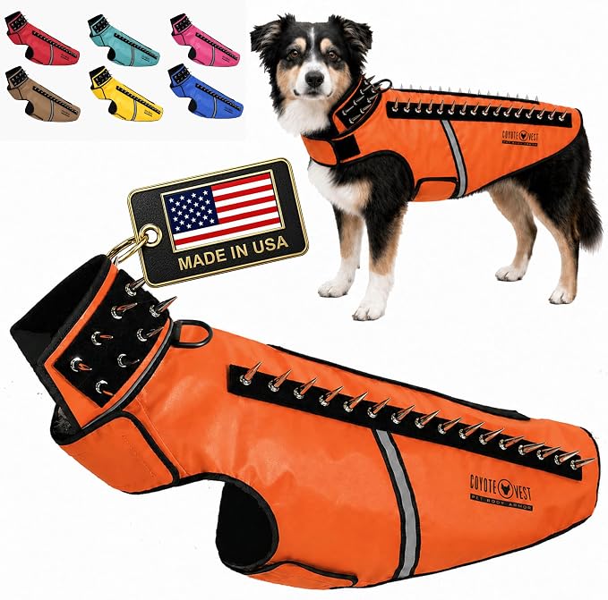 CoyoteVest SpikeVest Dog Harness, Made in the USA, L-Fluorescent Orange | Stab-Resistant Protective Vest | Coyote Vest for Dogs | Defends Against Coyotes, Dogs, Birds of Prey | Reflective Safety