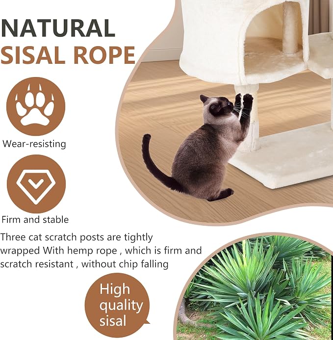 FDW | 36" Cat Tree Tower | Beige | Multi-Level Indoor Activity Center with Sisal Scratching Posts, Condos, Plush Perches, Hanging Cat Toys | Sturdy, Easy to Assemble | for Kittens & Adult Cats