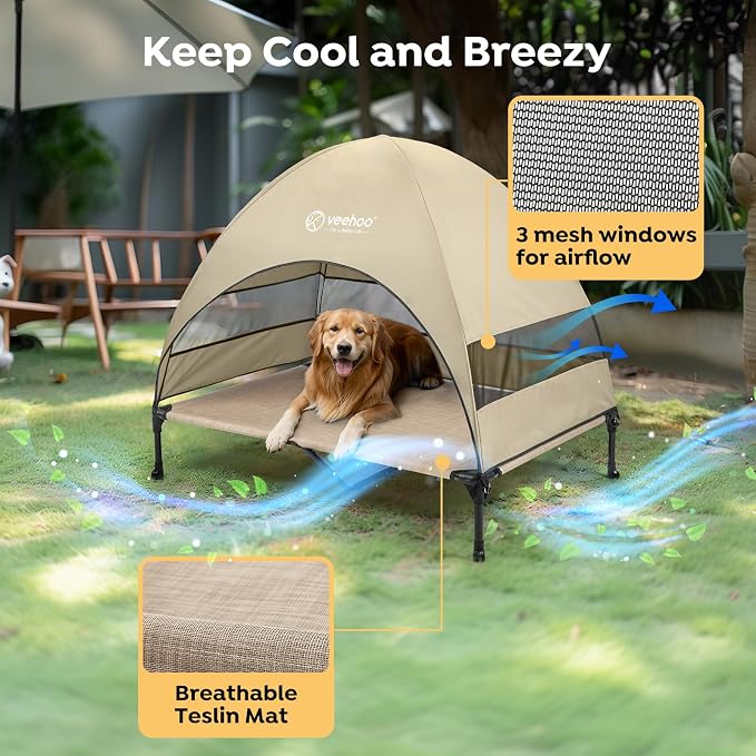 Veehoo Outdoor Dog Bed with Canopy, Cooling Elevated Dog Shade for Outside | Portable Raised Dog Cot with Removable Shade, Sun Protection Dog Tent Outdoor for Camping, Beach, 49" x 42.5", Beige Coffee