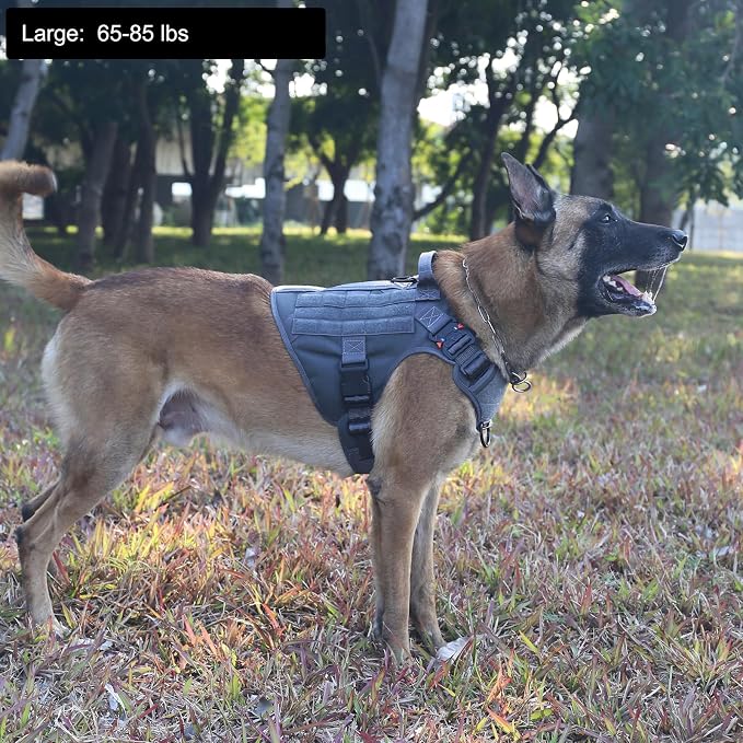 ICEFANG Tactical Dog Harness for Large Dogs,Reflective No Pull Dog Vest | with Control Handle,Adjustable,Front Hook,2 Leash Clips,Soft Padded,MOLLE Panel,Grey,Large