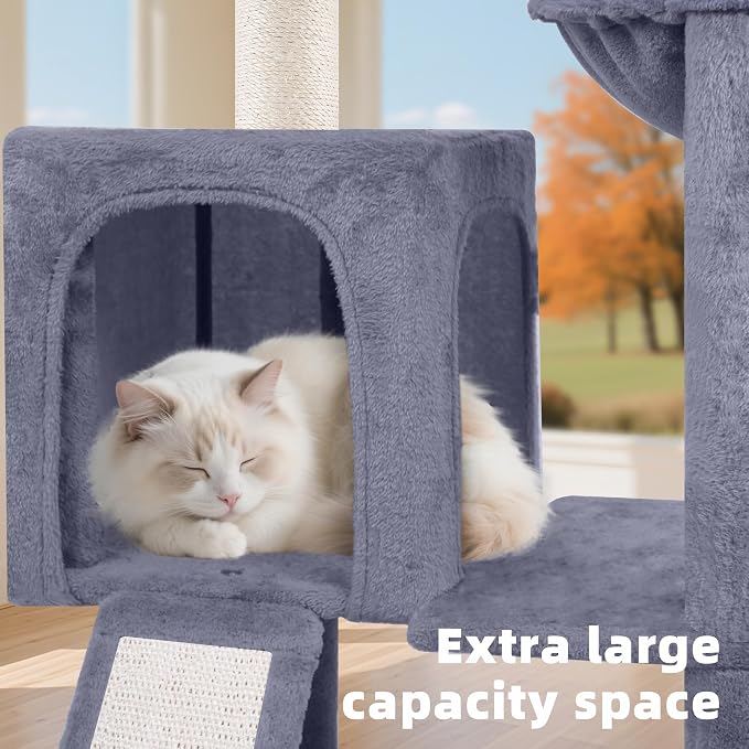 TWDEPART 55" All-in-One Cat Tree Tower with Scratching Board & Posts Cozy Sleeping Perch Hammock and Toy Balls,Grey