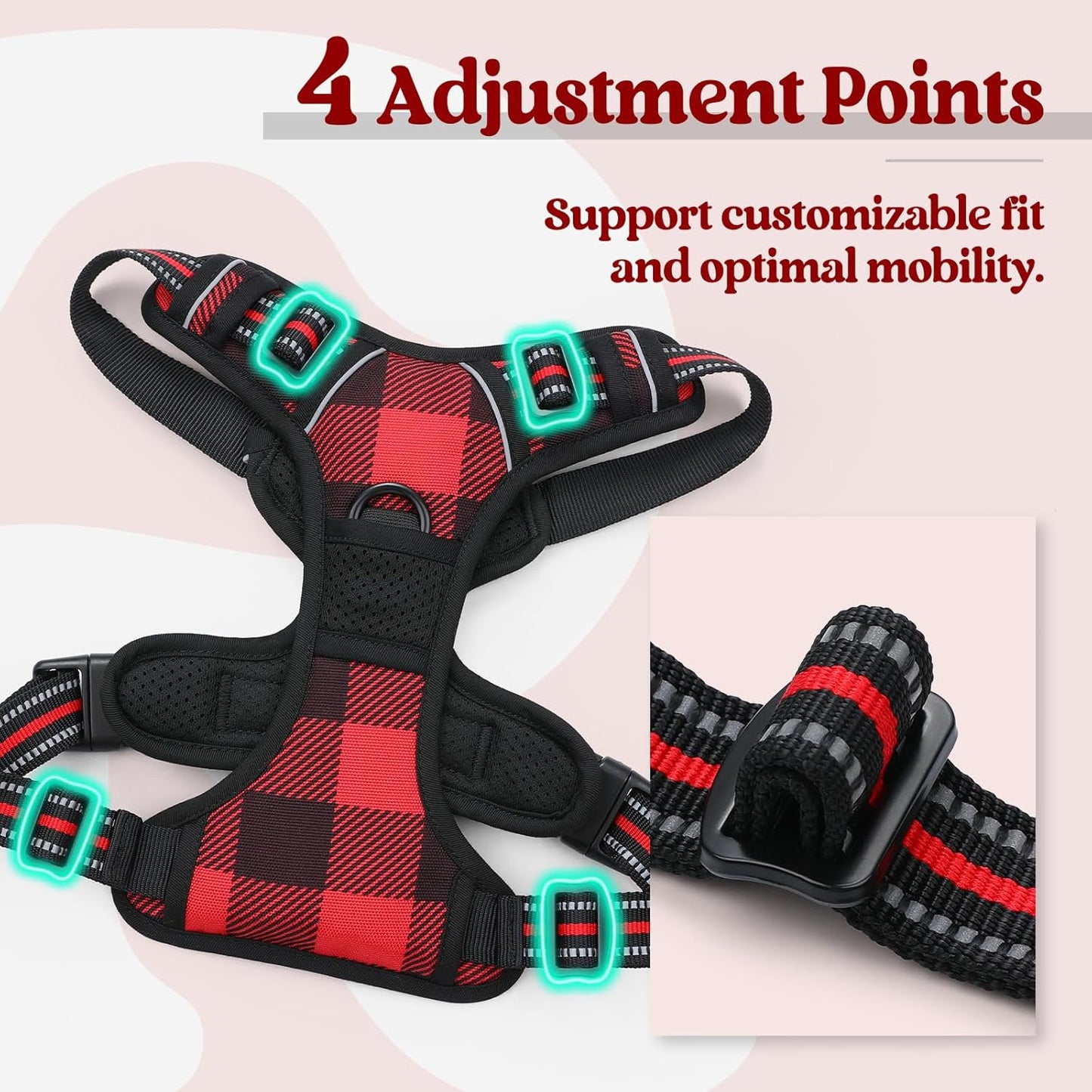 rabbitgoo Dog Harness No Pull with 2 Leash Clips, Adjustable Soft Padded, Reflective Oxford No Choke Pet Vest with Easy Control Handle for Medium Sized Dogs, Red Plaid, M