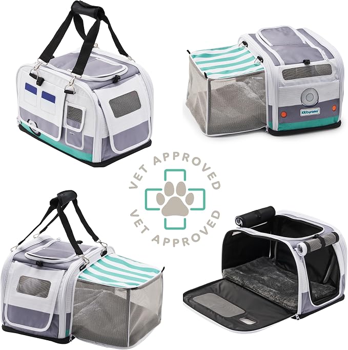 Kittyrama Soft-Sided Airline Approved Cat Carrier with Expandable Hideaway | Escape-Proof SBS Self-Locking Zippers | 22 lb Capacity | Vet Approved | Top & Side Entry | 17×11×11 in