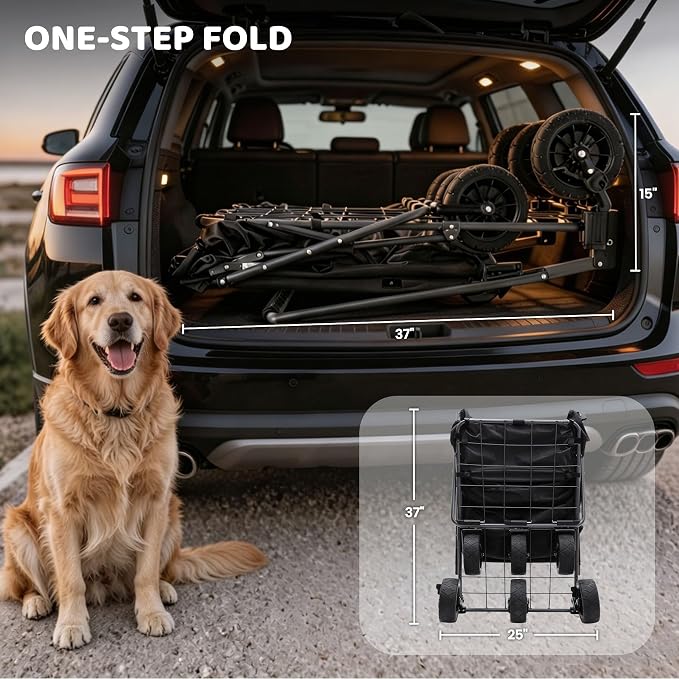 REDCAMP Folding Dog Wagon for Large Dogs, 150lbs Dog Stroller with 6 Wheels | Collapsible Utility Cart with 17.3" Extendable Ramp for 2 Medium Dogs, 6 All-Terrain Wheels with Brake for Senior Pet, Black