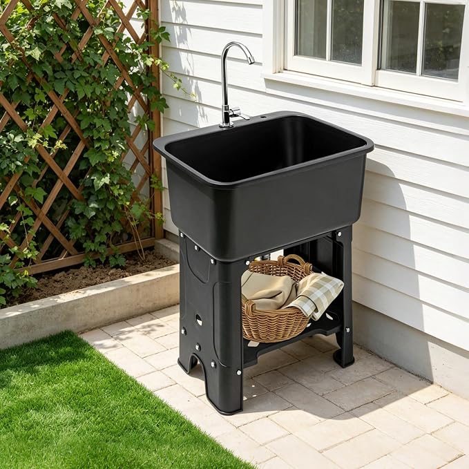Plastic Outdoor Sink Utility Tub with Hose Hook Up Black | 110.23 lbs Load Capacity, 360° Swivel Faucet, Includes Washboard, Bottom Storage Board, Suitable for Garages and Gardens