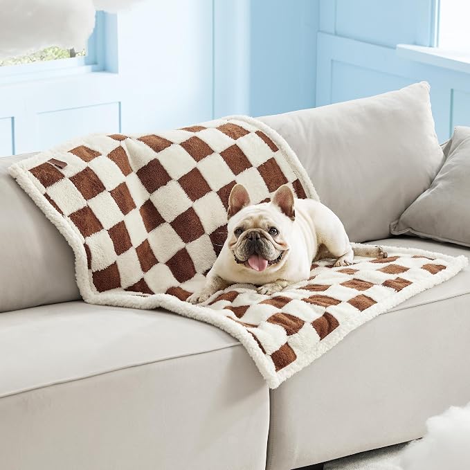 LE SURE Waterproof Dog Blankets for Medium Dogs Cute 3D Jacquard,30x40 | Puppy Blanket for Cat Aesthetic Gift, Warm Soft Sherpa Throw Washable, Reversible Pet Couch Protector, Brown Checks