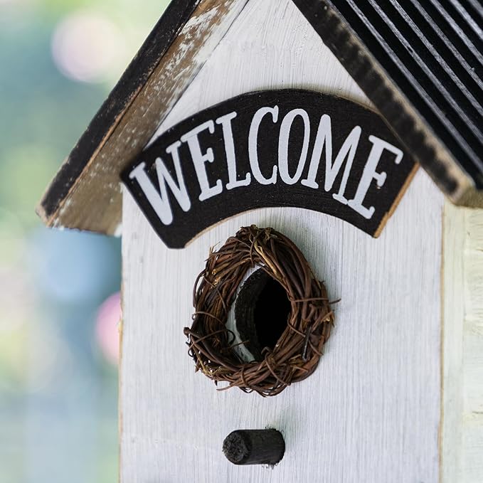 Glitzhome Bird Houses for Outside, Birdhouses for Outdoors, 11" H Washed White Solid Wood Bird Houses Fence Garden Hanging Birdhouses for Bluebird Swallow Sparrow Hummingbird Finch Cardinals